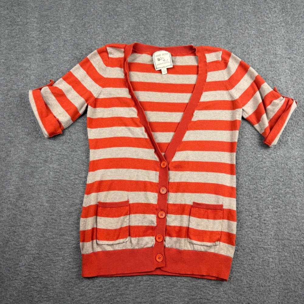 Pink Rose Womens‎ Orange Beige Striped Cotton Short Sleeve Cardigan PF14407 L